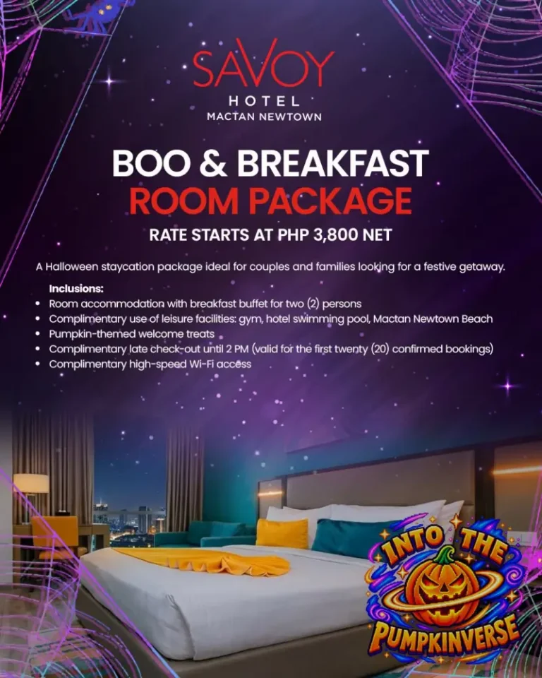 사보이 호텔 막탄 뉴타운 할로윈 Boo & Breakfast 룸 패키지 포스터 – 2인 조식 포함 1박 3,800페소부터, 호박 웰컴 간식과 레이트 체크아웃 혜택